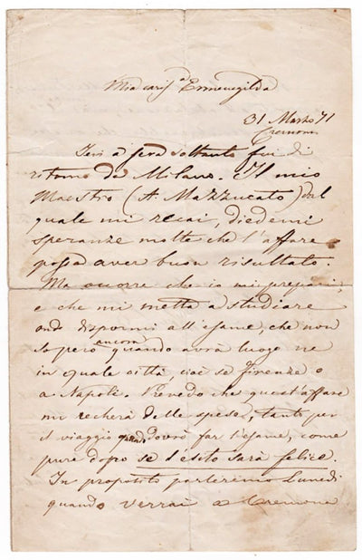 Ponchielli, Amilcare - Autograph Letter Signed 1871