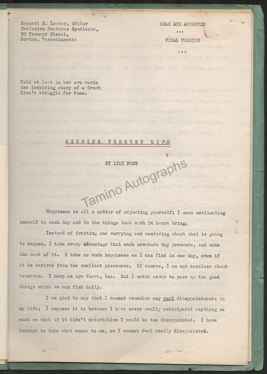 Pons, Lily - Typed Essay and Autograph Note Signed - Tamino