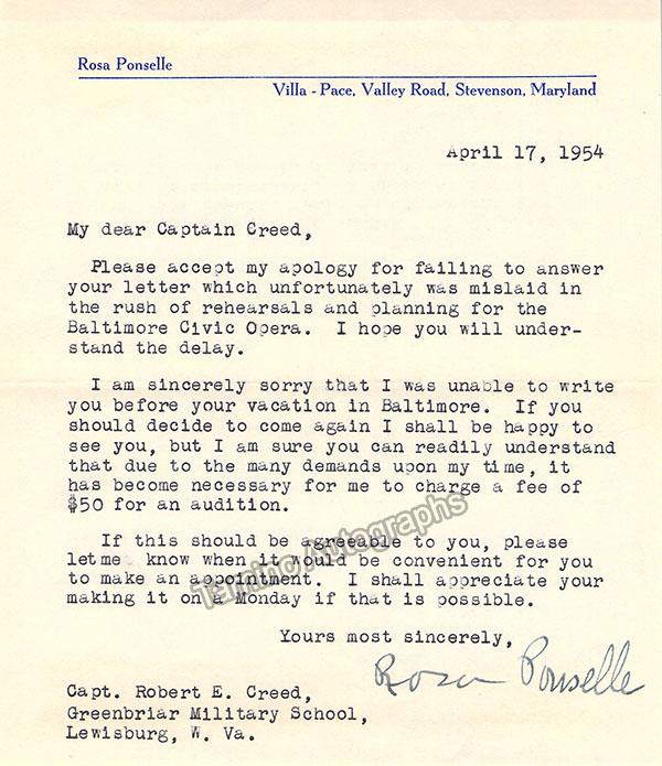 Ponselle, Rosa - Typed Letter Signed 1954