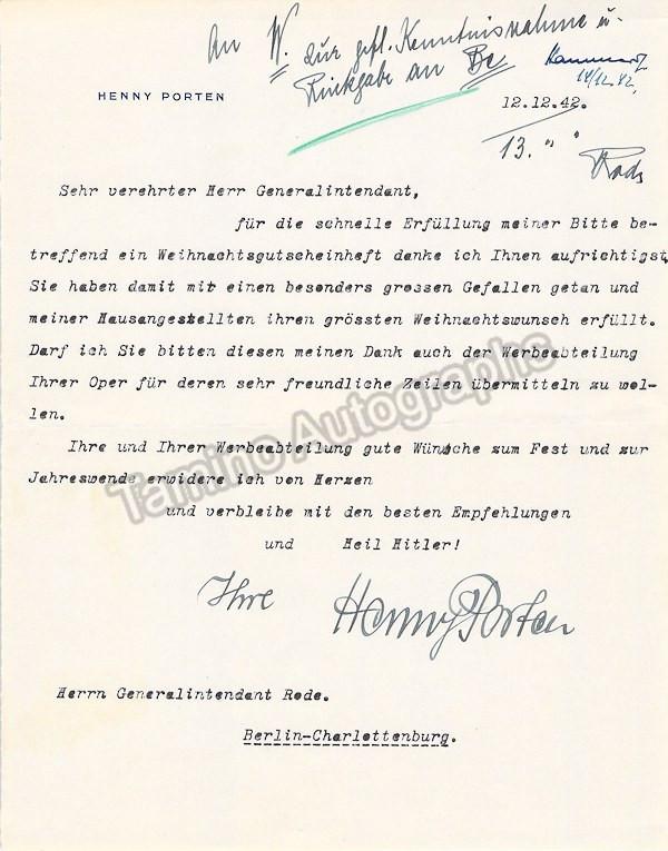 Porten, Henny - Typed Letter Signed 1942