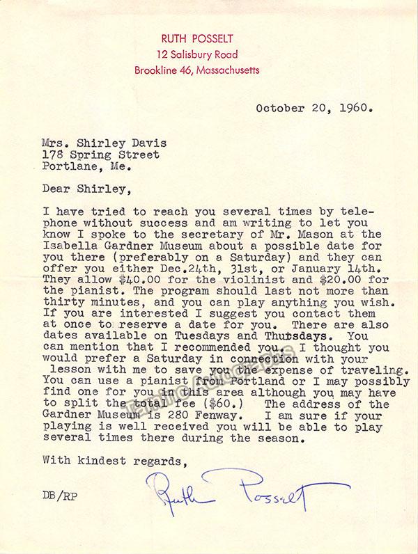 Posselt, Ruth - Typed Letter Signed 1960