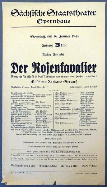 Der Rosenkavalier - Saxon State Opera Dresden 1944 Playbill, Karl Elmendorff