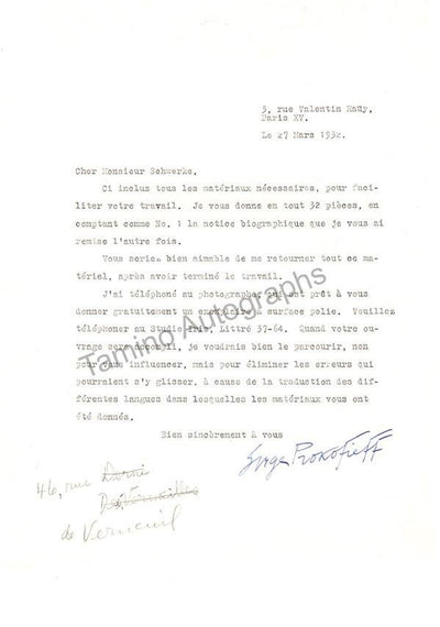 Prokofiev, Sergei - Typed Letter Signed 1932