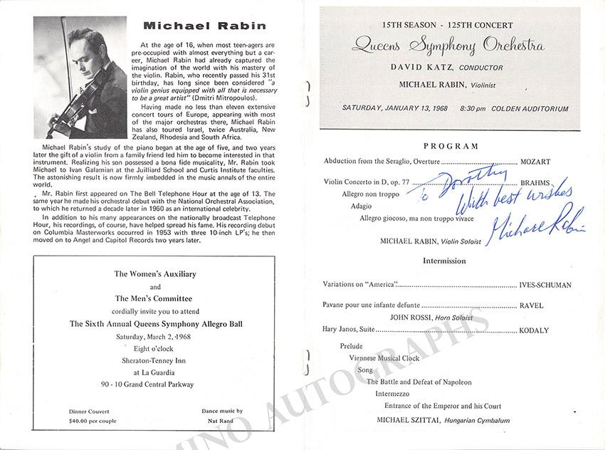 Michael Rabin - Autograph Signed Program 1968 – Tamino Autographs