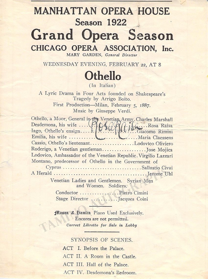 Raisa, Rosa - Signed Program Clip New York 1922 - Tamino