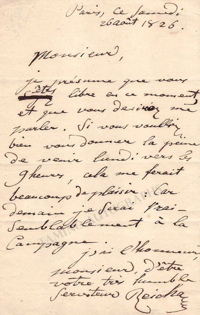Reicha, Anton - Autograph Letter Signed 1826