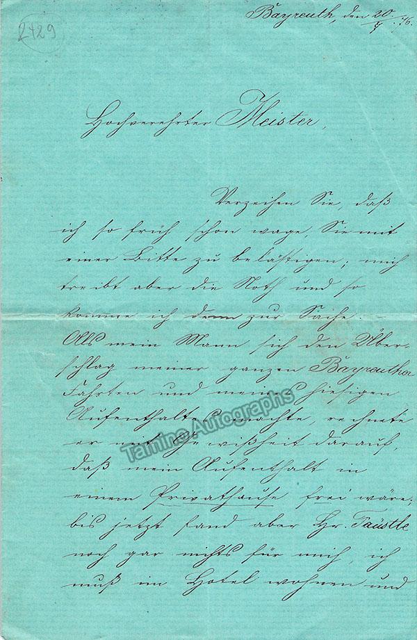 Reicher-Kindermann, Hedwig - Autograph Letter Signed From First Bayreuth Season 1876 - Tamino