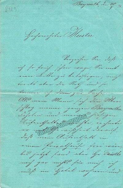 Reicher-Kindermann, Hedwig - Autograph Letter Signed From First Bayreuth Season 1876