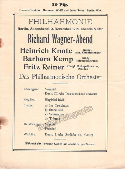 Reiner, Fritz - Berlin Philharmonic Program 1916
