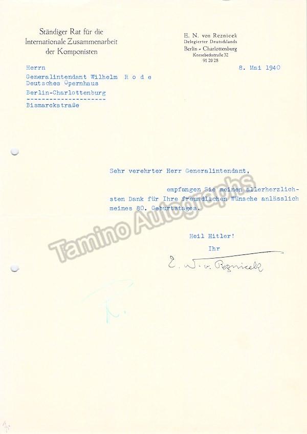 Reznicek, Emil von - Typed Letter Signed 1940
