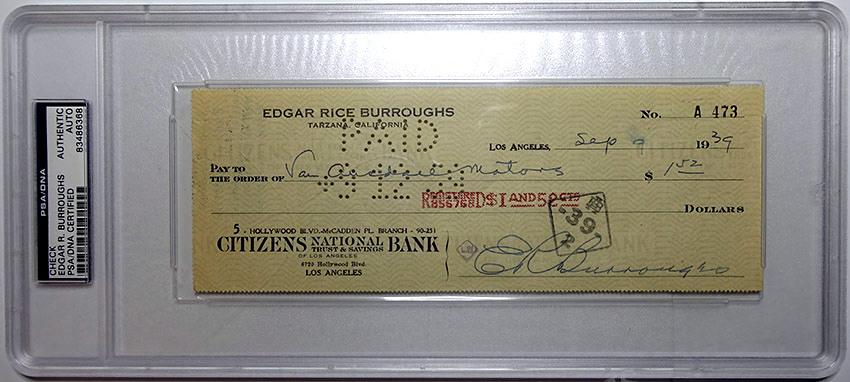 Edgar Rice Burroughs - Autograph Signed Check 1939 – Tamino