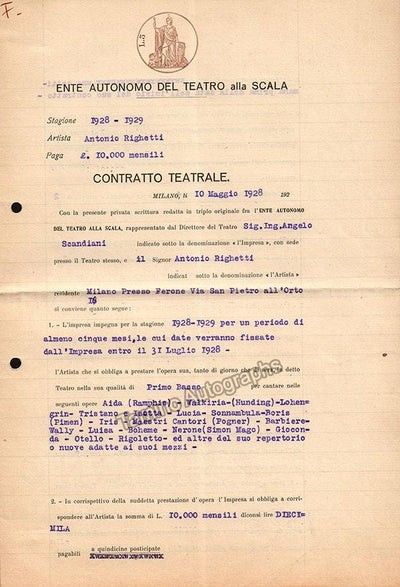 Righetti, Antonio - Signed La Scala Contract 1928