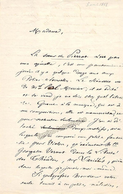 Ronger, Louis (Herve) - Autograph Letter Signed 1868