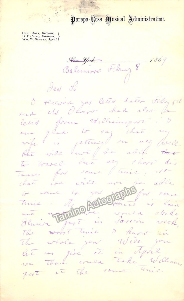 Carl Rosa Autograph Letter Signed 1869 – Tamino