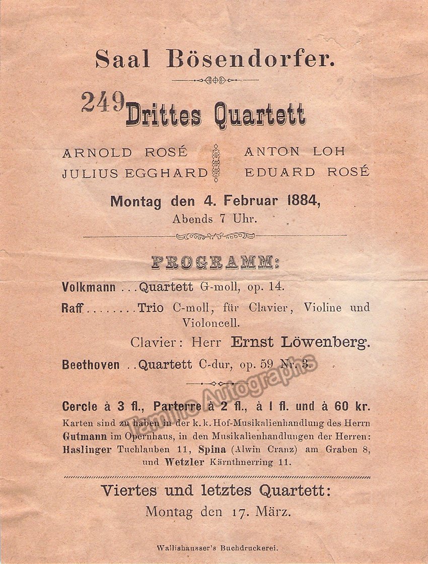 Rose Quartett - Concert Program Vienna 1884