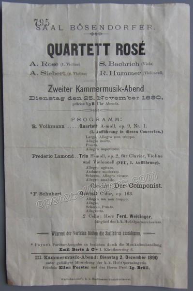 Rosé Quartett - Lamond, Frederic - World Premiere Program 1890 Lamond´s Piano Trio op. 2