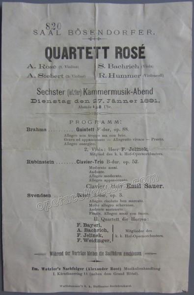 Rosé Quartett - Sauer, Emil - Concert Program Vienna 1891