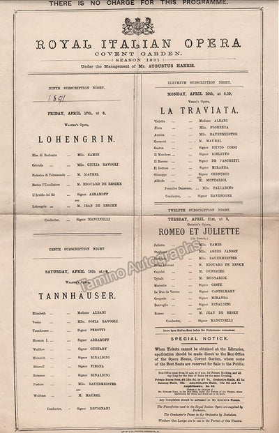 Royal Opera House - Opera Playbill Announcement London 1891