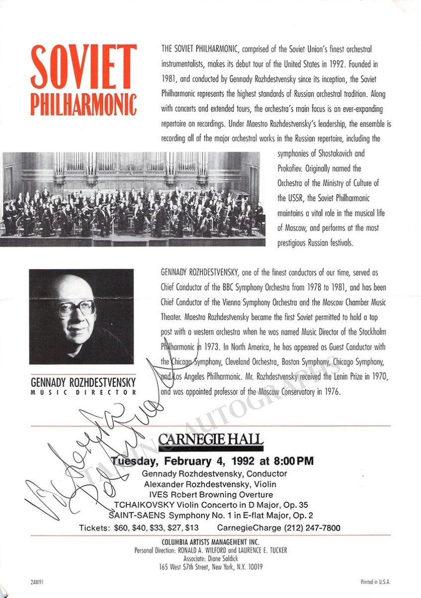 Rozhdestvensky, Gennady - Signed Promo Booklet Carnegie Hall, N.Y., 1992 - Tamino