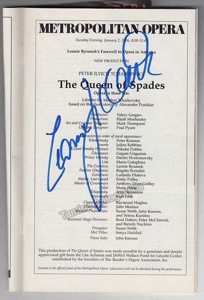 Rysanek, Leonie - Set of Signed Program and Signed Libretto Pique Dame Metropolitan Opera, New York 1996