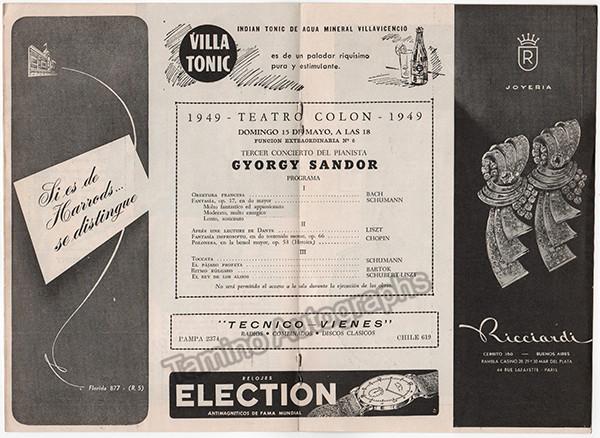 Sandor, Gyorgy - 3 Concert Programs - Teatro Colon, Bs Aires, 1946-49 - Tamino