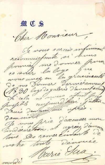 Sasse, Marie - Autograph Letter Signed 1880