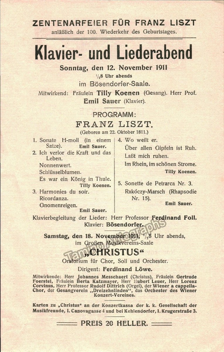 Sauer, Emil - Koenen, Tilly - Concert Program 1911
