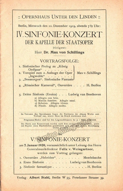 Schillings, Max Von - Concert Program Berlin 1919