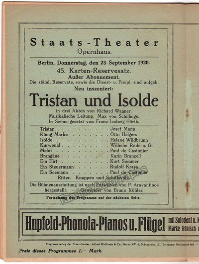 Schillings, Max von - Concert Program Wagner Operas Berlin 1920-1924