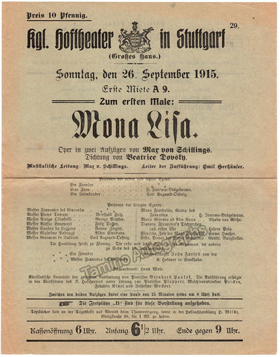 Schillings, Max von - World Premiere Playbill Mona Lisa 1915