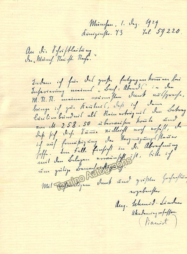 Schmid-Lidner, August - Autograph Letter Signed 1929