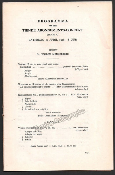 Schmuller, Alexander - Concert Program The Hague 1928 - Willem Mengelberg