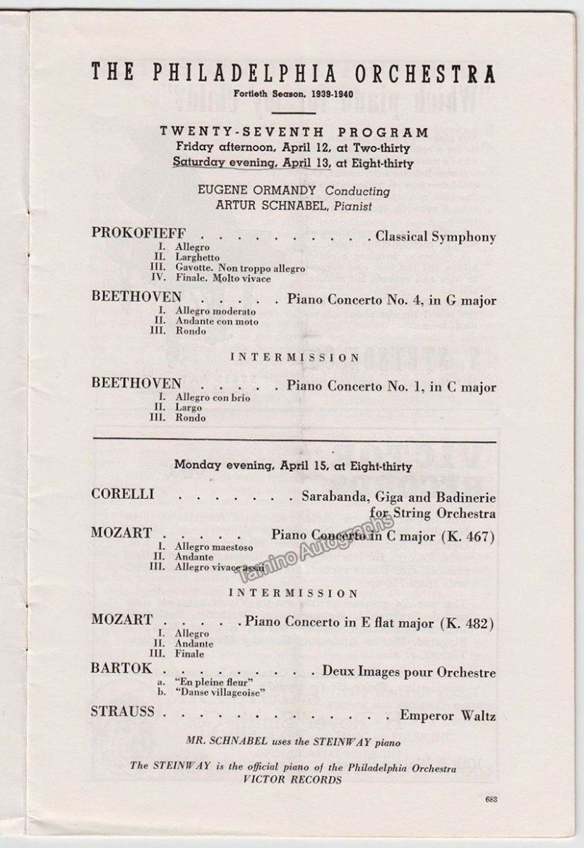 Schnabel, Artur - Concert Program Philadelphia 1940 - Tamino