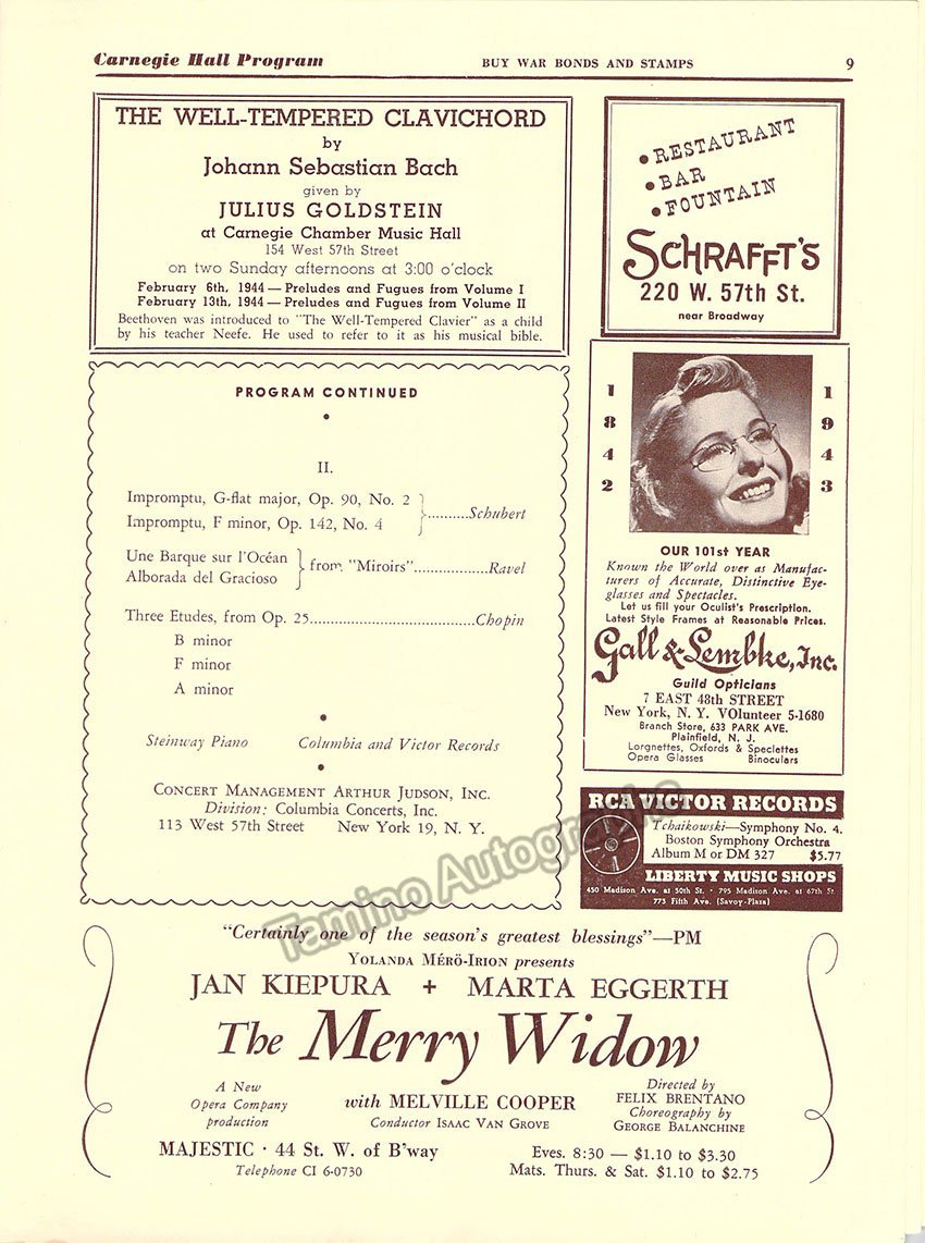 Serkin, Rudolf - Signed Program Carnegie Hall 1943 - Tamino