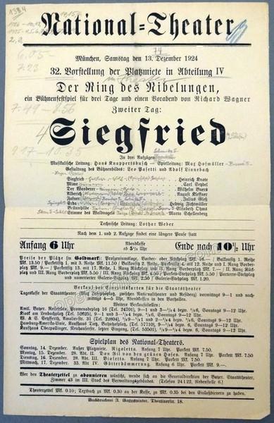 Siegfried - National Theater Munich 1924 Playbill, Hans Knappertsbusch