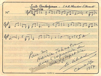 Sihanouk, Norodom - Autograph Music Quote Signed 1964