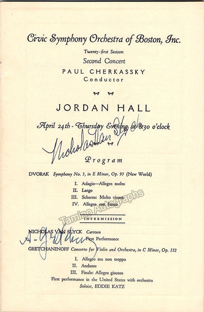 Slyck, Nicholas van - Gretchaninoff, Alexander - Signed Program Boston 1947