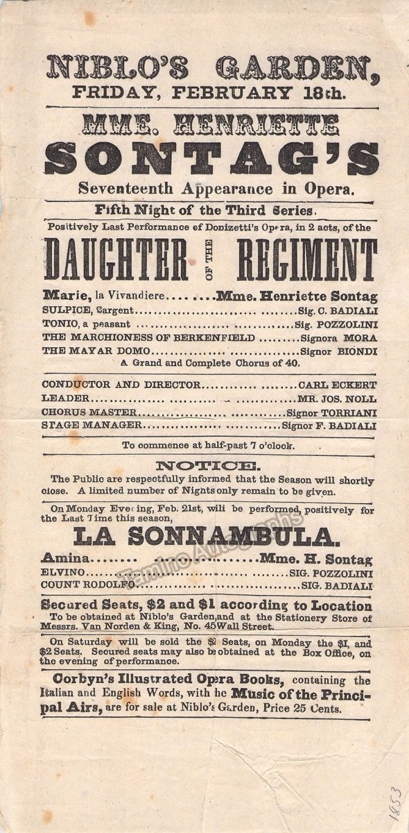 Sontag, Henriette - La Fille du Regiment Playbill 1853