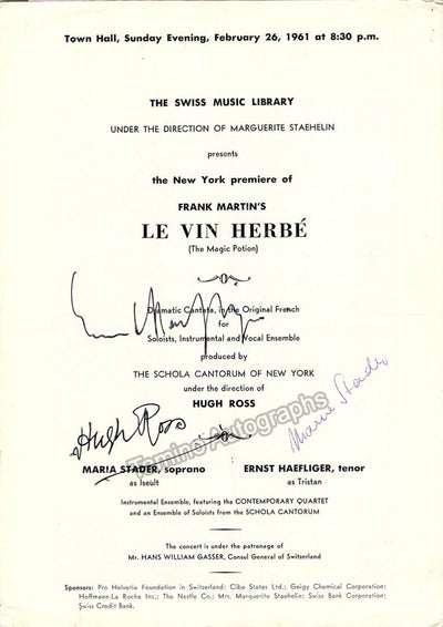 Stader, Maria - Haefliger, Ernst - Ross, Hugh - Signed Program New York 1961
