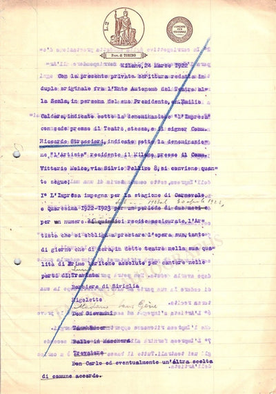 Stracciari, Riccardo - Signed La Scala Contract 1922