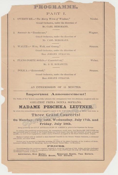 Strauss, Johann - Orchestral Concert in New York Playbill 1870s - Tamino