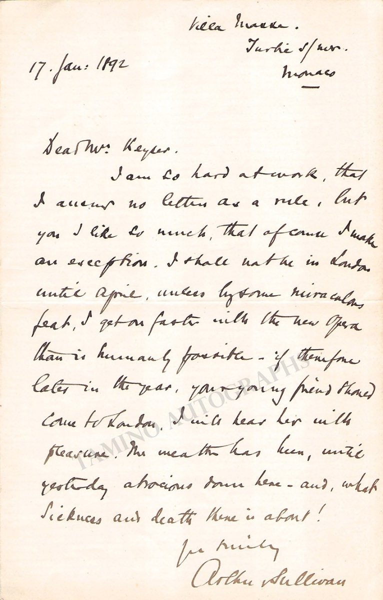 Sullivan, Arthur - Autograph Letter Signed 1892 - Tamino
