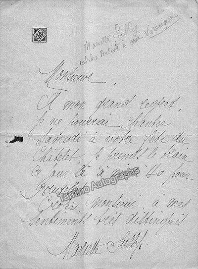 Sully, Mariette - Autograph Note Signed