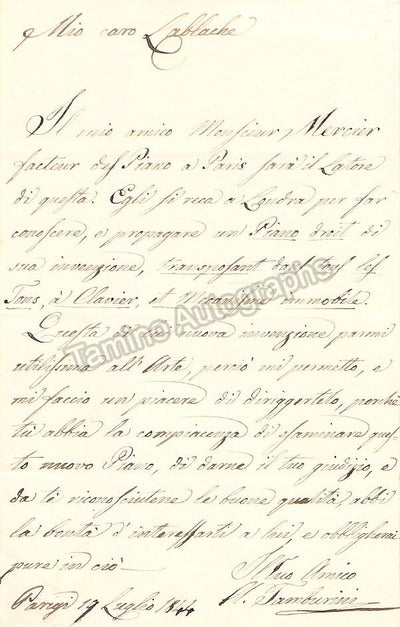 Tamburini, Antonio - Autograph Letter Signed to Luigi Lablache 1844