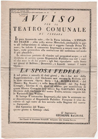 Teatro Comunale di Ferrara - Announcement Playbill and Contract 1826