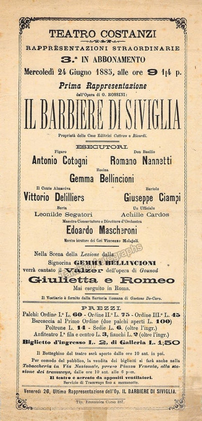 Teatro Costanzi - Unsigned Opera Playbills 1885-1910 (Various Playbills)