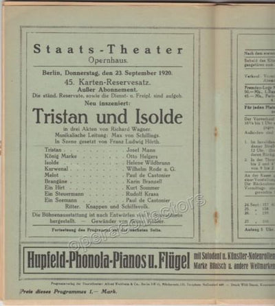 Tristan und Isolde - Staatstheater Opernhaus Berlin 1920