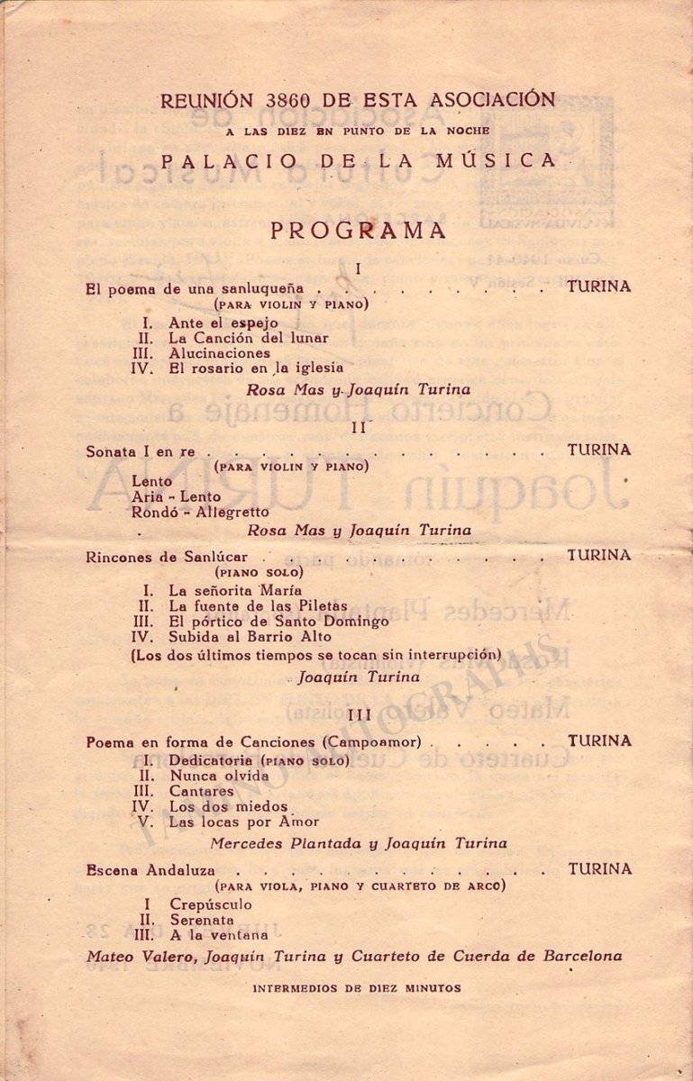 Turina, Joaquin - Barcelona String Quartet - Signed Program 1940 - Tamino
