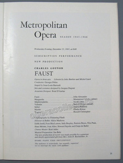Caballe, Montserrat - Milnes, Sherrill - Their Met Debut Program, 1965
