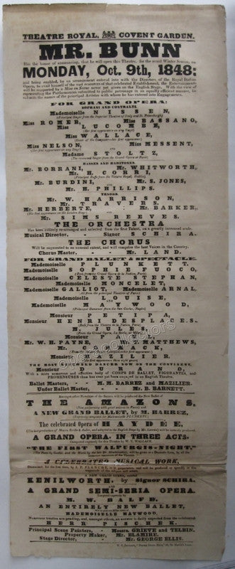 Covent Garden - 1848 Playbill announcing Winter Season Opening